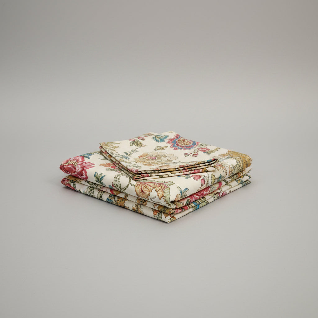 A folded stack of cotton bed linens, including a floral sheet and matching pillowcases, featuring a vintage-style botanical pattern in pink, green, and blue on a cream background, set against a plain off-white fabric backdrop.